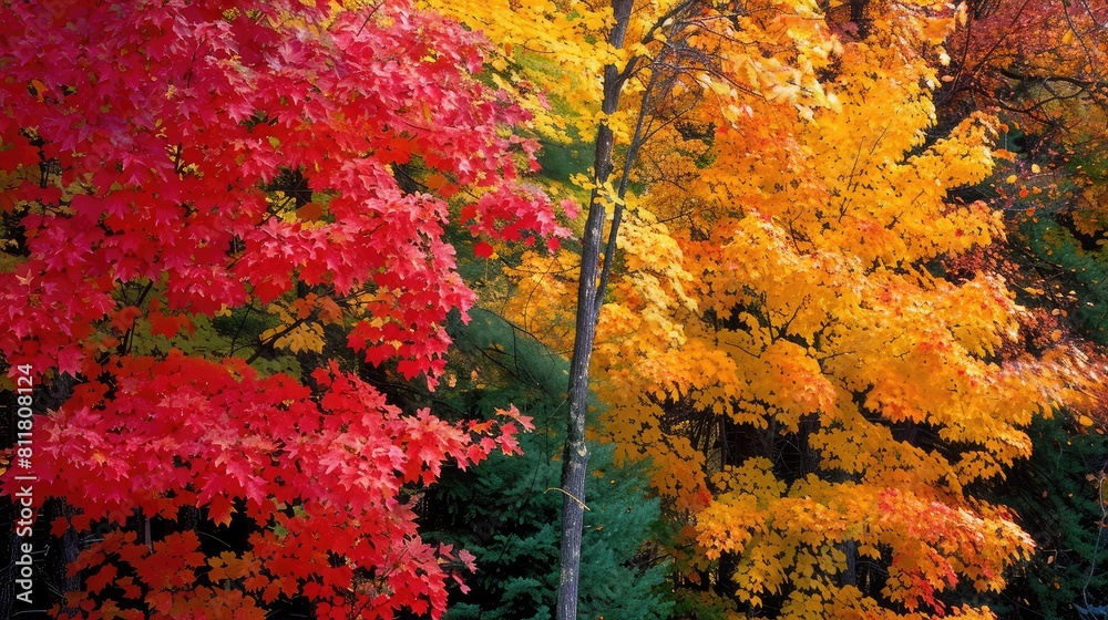 Naklejka premium Autumn Splendor: Colorful fall foliage on maple trees.