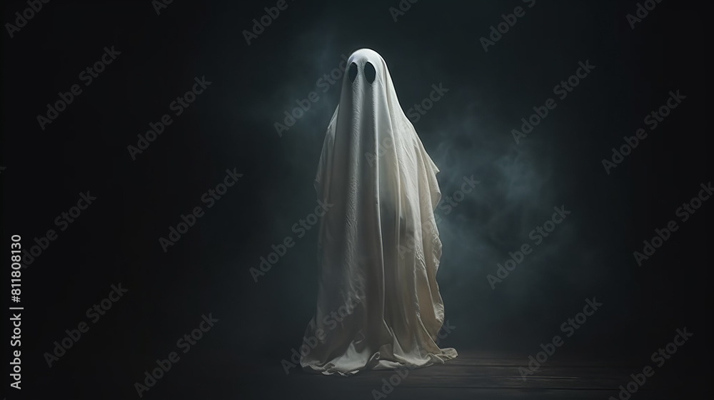 Ghost like figure draped in a white sheet, standing amidst a dark, misty background, creating a sense of mystery and eeriness Ghost like figure draped in a white sheet, standing amidst a dark, misty background, creating a sense of mystery and eeriness