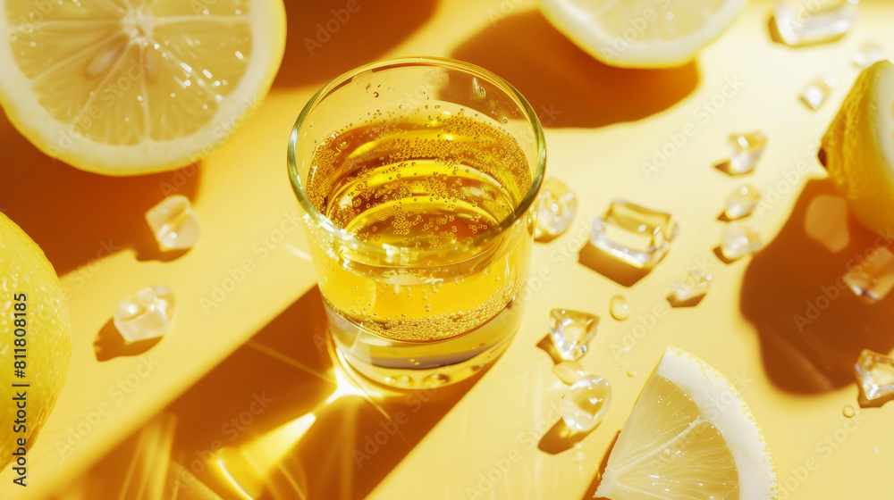 Shot glass of tequila with lemon and salt on a yellow background. Advertising concept. Party concept. Generative AI Shot glass of tequila with lemon and salt on a yellow background. Advertising concept. Party concept. Generative AI