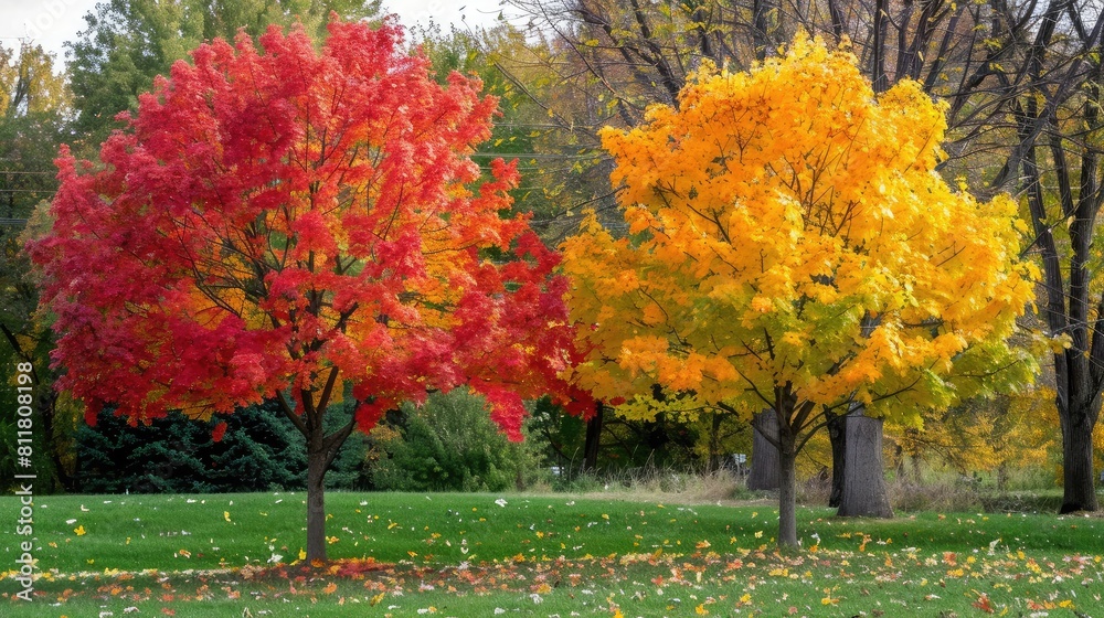 Naklejka premium Autumn Splendor: Colorful fall foliage on maple trees.