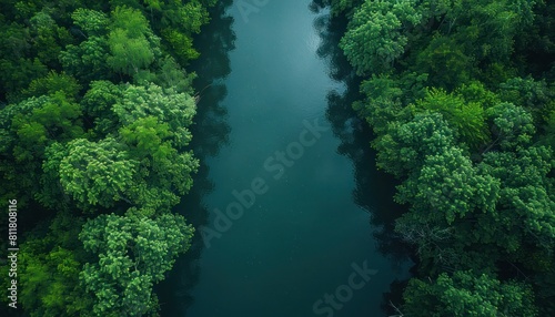Aerial River Scene: Bank Covered in Greenery, Dark Water on Right, Creative Shot