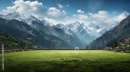 A football field with a scenic, mountainous backdrop and a challenging terrain photo