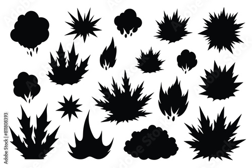 Fire flame manga explosion effect. Black ink hand drawn silhouettes anime graphic. Vector