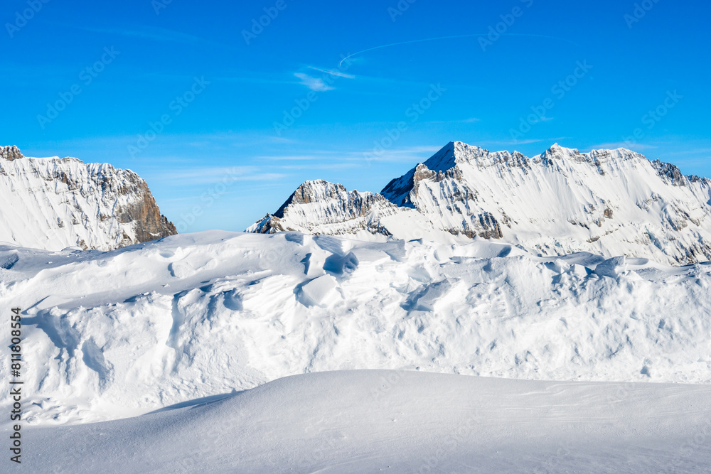 View of mountains covered in snow during winter season, Loetschental valley, Switzerland View of mountains covered in snow during winter season, Loetschental valley, Switzerland