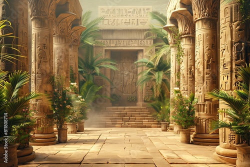 An ancient Egyptian temple with hieroglyphs on the walls and a large door at the end of the hall. There are plants and flowers growing in between the columns.