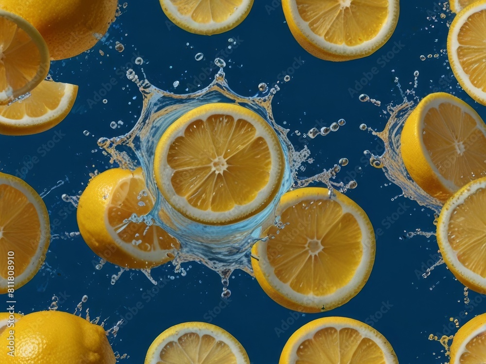 Lemon slices in water with splashes on a blue background Lemon slices in water with splashes on a blue background