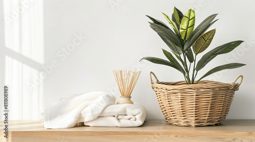 Wicker basket with towels and plant on table near ligh photo