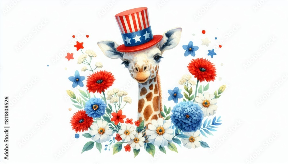 Fototapeta premium Giraffe 4th July Watercolor Memorial Day Clip Art Animal Patriotic with American Flag Celebration USA (United State) Art Cute Cartoon For Independence Day