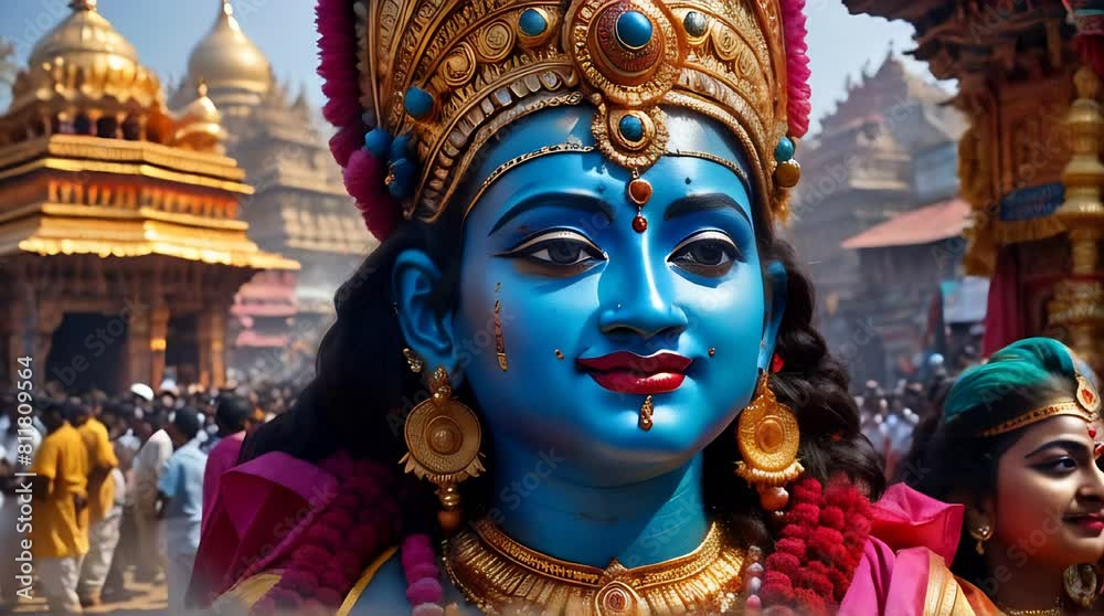 rath yatra festival, which depicts the colorful chariots of Lord Jagannath, Balabhadra and Subhadra surrounded by crowds of devotees.