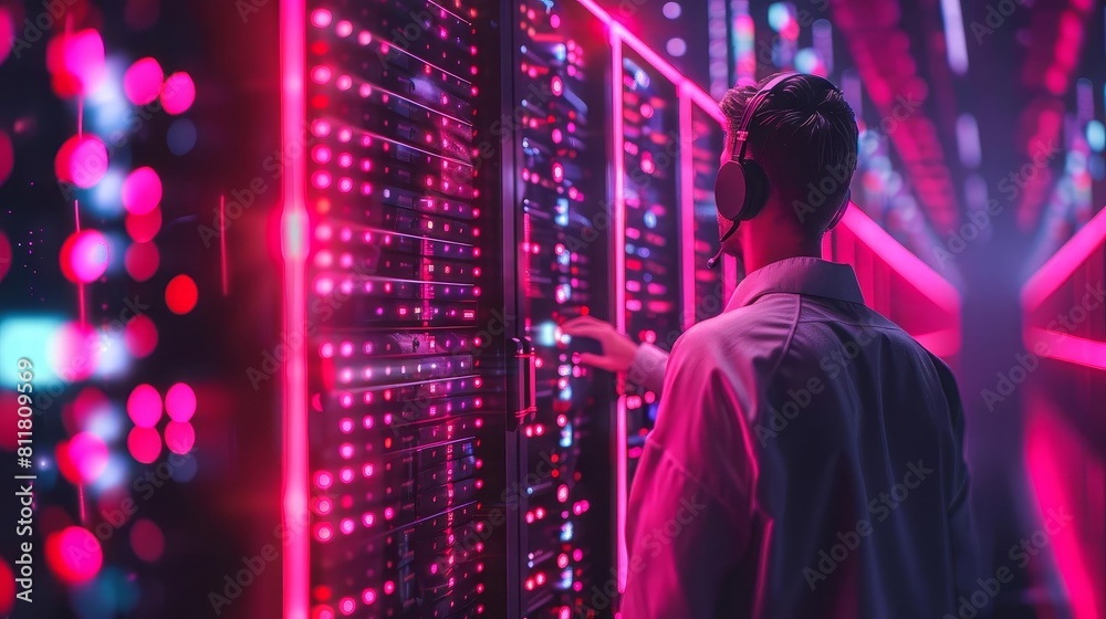 A technician monitoring a bank of servers and antennas dedicated to a 5G network, ensuring optimal performance and security A technician monitoring a bank of servers and antennas dedicated to a 5G network, ensuring optimal performance and security