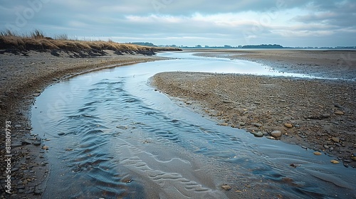 A tranquil estuary at midtide, with water gently flowing in and out, supporting diverse ecosystems photo