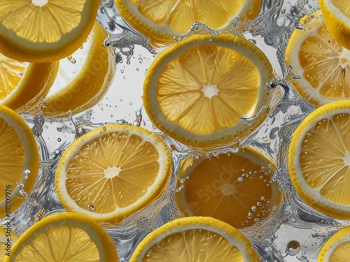 Lemon water, lemonade. Background with lemon circles. Refreshing water infused with sliced lemons
