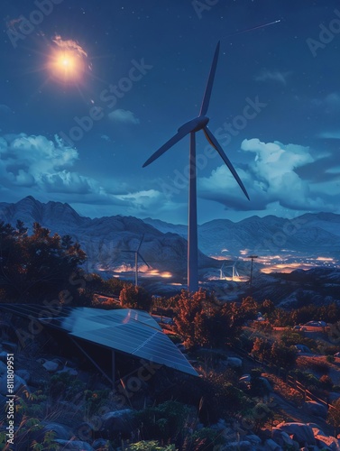 Windmill with wind turbines and solar panels operating in the valley Renewable energy development and sustainable wind power concept10 photo