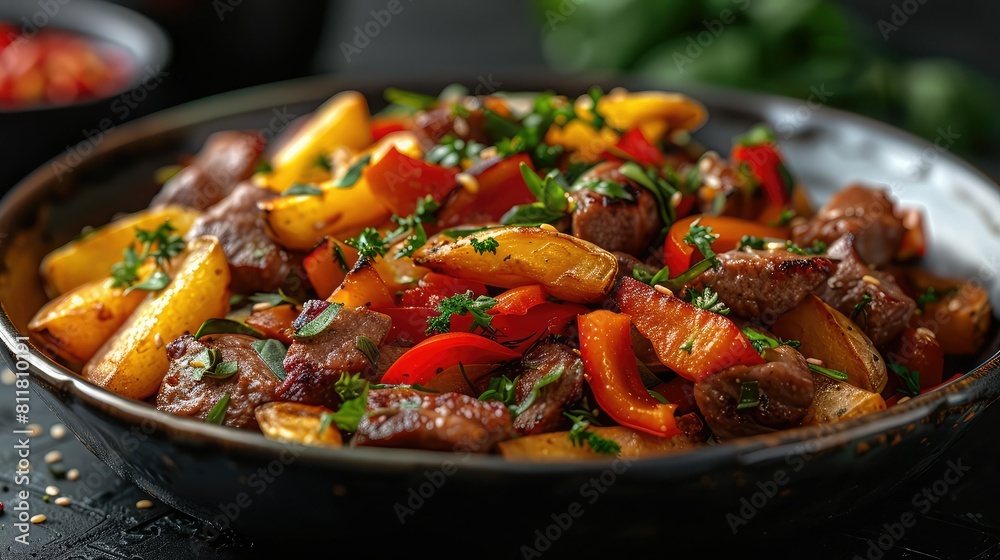 Bring the flavors of Peruvian lomo saltado a photorealistic scene of the stir fry dish with fries and veggies Bring the flavors of Peruvian lomo saltado a photorealistic scene of the stir fry dish with fries and veggies