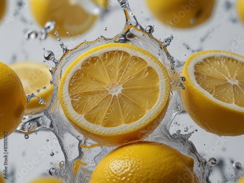 Lemon water, lemonade. Background with lemon circles. Refreshing water infused with sliced lemons