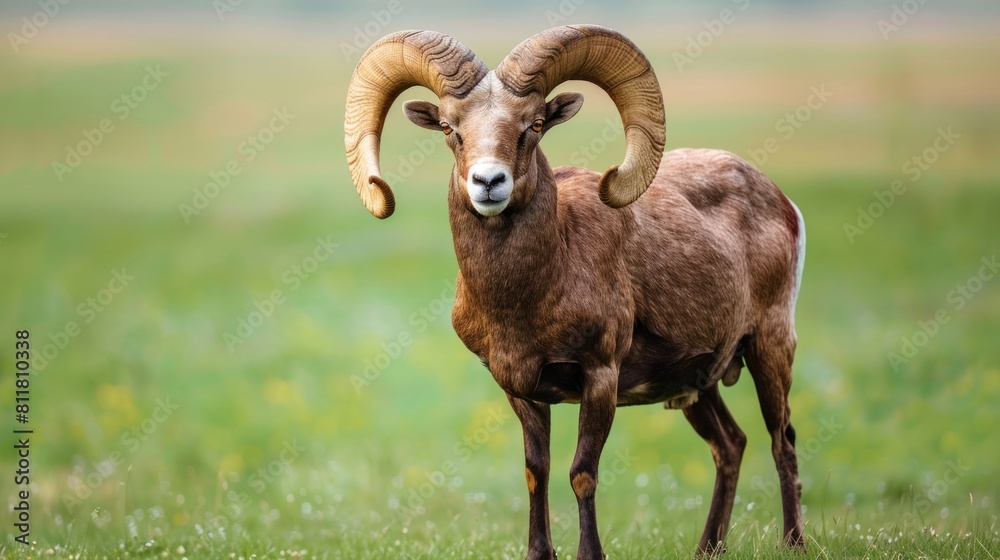 Bighorn Sheep with Massive Curled Horns Standing in Green Meadow | Majestic Wildlife Portrait for Conservation and Nature Publications Bighorn Sheep with Massive Curled Horns Standing in Green Meadow | Majestic Wildlife Portrait for Conservation and Nature Publications