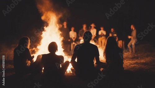 silhouettes of people having fun around a bonfire, sitting, playing guitar, chatting 