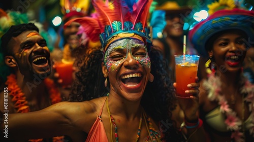 A group in Rio celebrating Carnival, vibrant cocktails in hand, their expressions wild with excitement