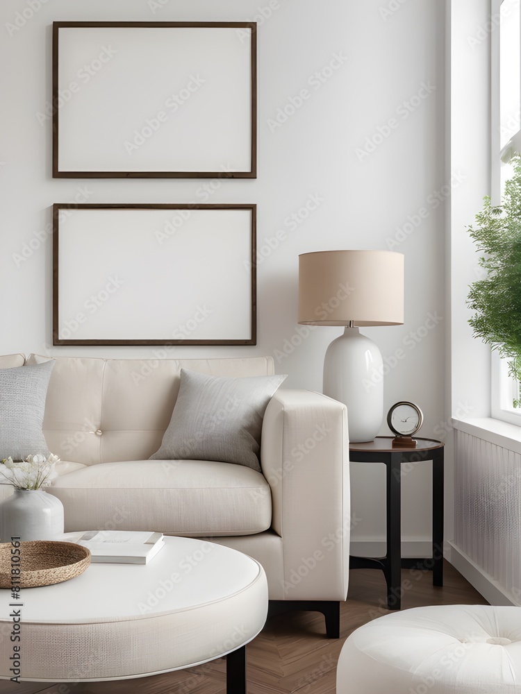 Two mockup frames on the wall of modern living room, interior mockup design, frame mockup Two mockup frames on the wall of modern living room, interior mockup design, frame mockup