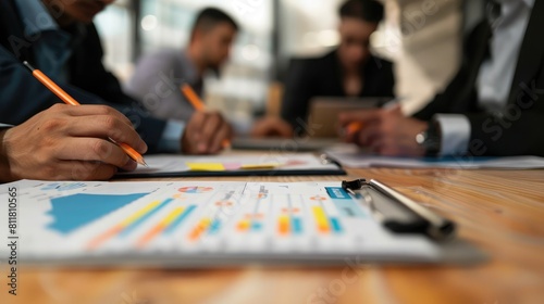 Financial Planning: A team reviewing a line graph in a meeting.