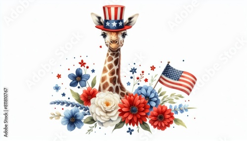 Giraffe 4th July Watercolor Animal Patriotic with American Flag Celebration USA (United State) Art Cute Cartoon For Independence Day Memorial Day Clip Art