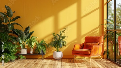 Minimalist Wooden Living Room with Bright Orange Armchair, Window Facing Garden, Empty Yellow Wall Background - 3D Render