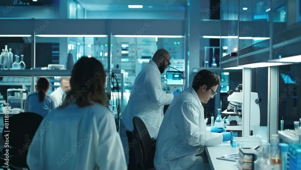 Diverse team of scientists busy at work in a state-of-the-art laboratory. Intense focus and collaboration essential for scientific research, with equipment and experiments in progress Diverse team of scientists busy at work in a state-of-the-art laboratory. Intense focus and collaboration essential for scientific research, with equipment and experiments in progress
