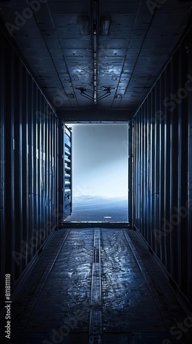 Abstract dark background empty inside cargo container truck with blank white light outside, studio lighting, high quality