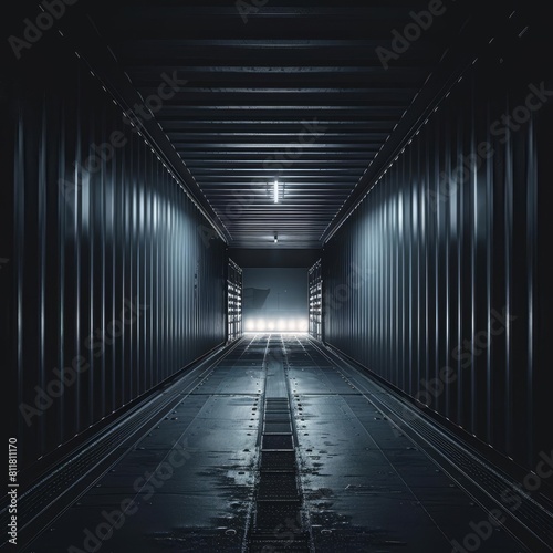 Abstract dark background empty inside cargo container truck with blank white light outside  studio lighting  high quality