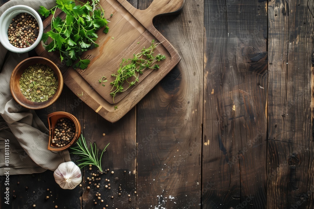 A wooden cutting board with a variety of herbs and spices on it A wooden cutting board with a variety of herbs and spices on it