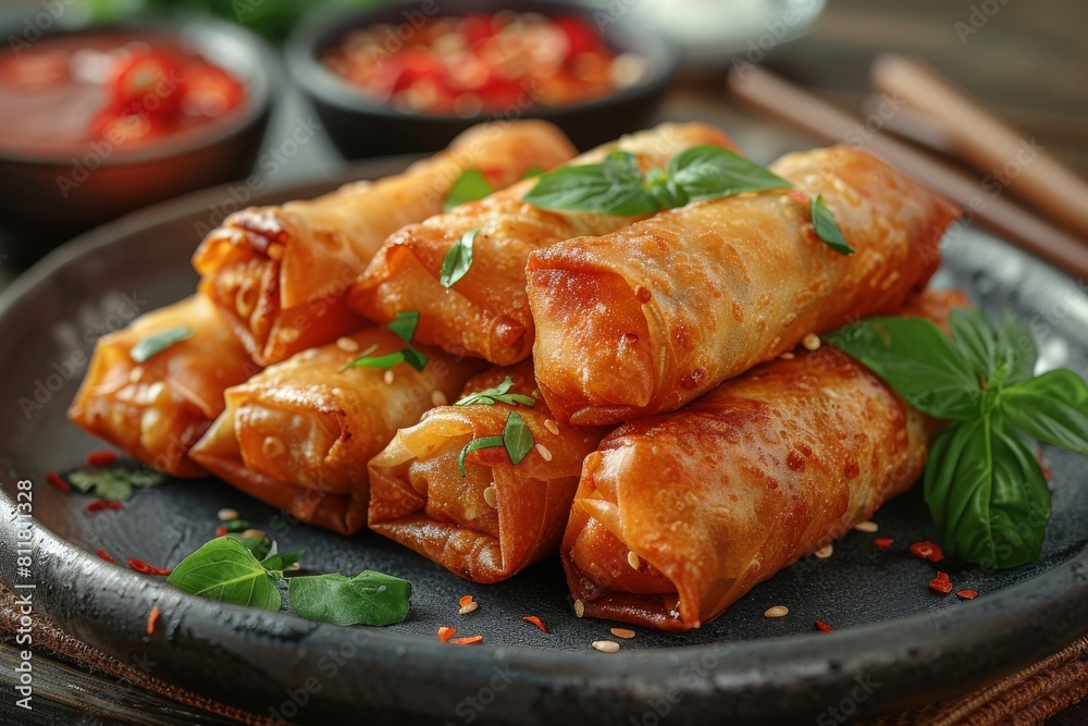 Gourmet spring rolls with basil and red pepper flakes on a black plate, with a warm and inviting atmosphere Gourmet spring rolls with basil and red pepper flakes on a black plate, with a warm and inviting atmosphere