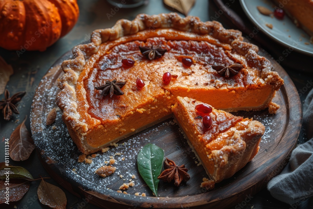 A slice of pumpkin pie topped with pomegranate seeds, elegantly presented on a rustic wooden board A slice of pumpkin pie topped with pomegranate seeds, elegantly presented on a rustic wooden board