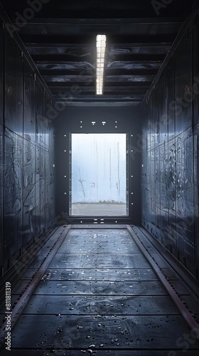 Abstract dark background empty inside cargo container truck with blank white light outside, studio lighting, high quality