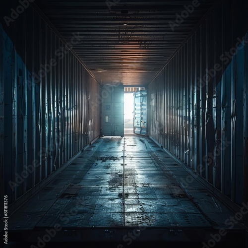 Abstract dark background empty inside cargo container truck with blank white light outside, studio lighting, high quality