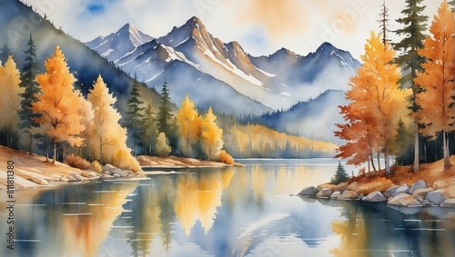 Golden Tranquility  Watercolor Scene of Mountains  Forests  and Lake in Autumnal Splendor