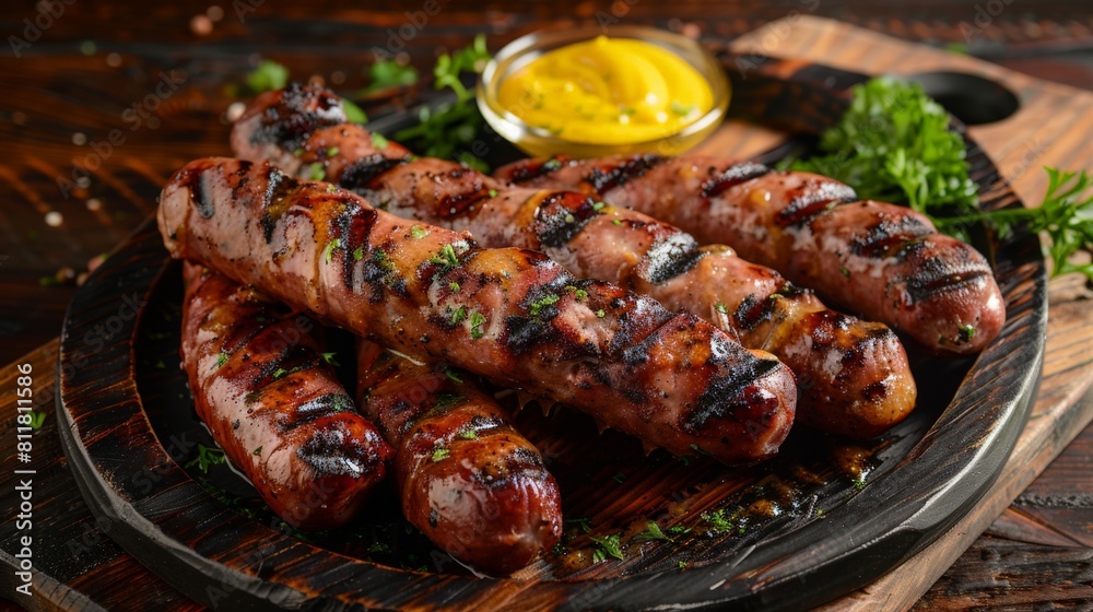 Freshly grilled bratwurst slices, arranged on a rustic platter with mustard, highlighting their juicy and flavorful appearance for specialty meat sections