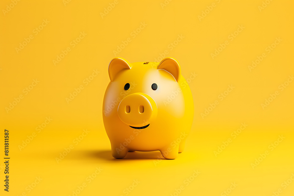 Yellow piggy bank on a matching yellow background. Savings and financial concept.