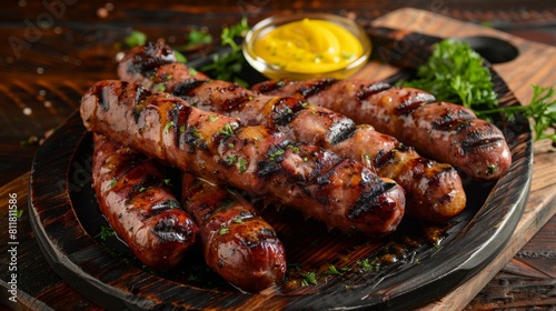 Freshly grilled bratwurst slices, arranged on a rustic platter with mustard, highlighting their juicy and flavorful appearance for specialty meat sections