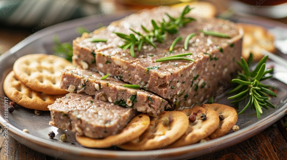 Gourmet display of slices, placed on a serving dish with crackers, emphasizing their rich flavor and luxury Gourmet display of slices, placed on a serving dish with crackers, emphasizing their rich flavor and luxury