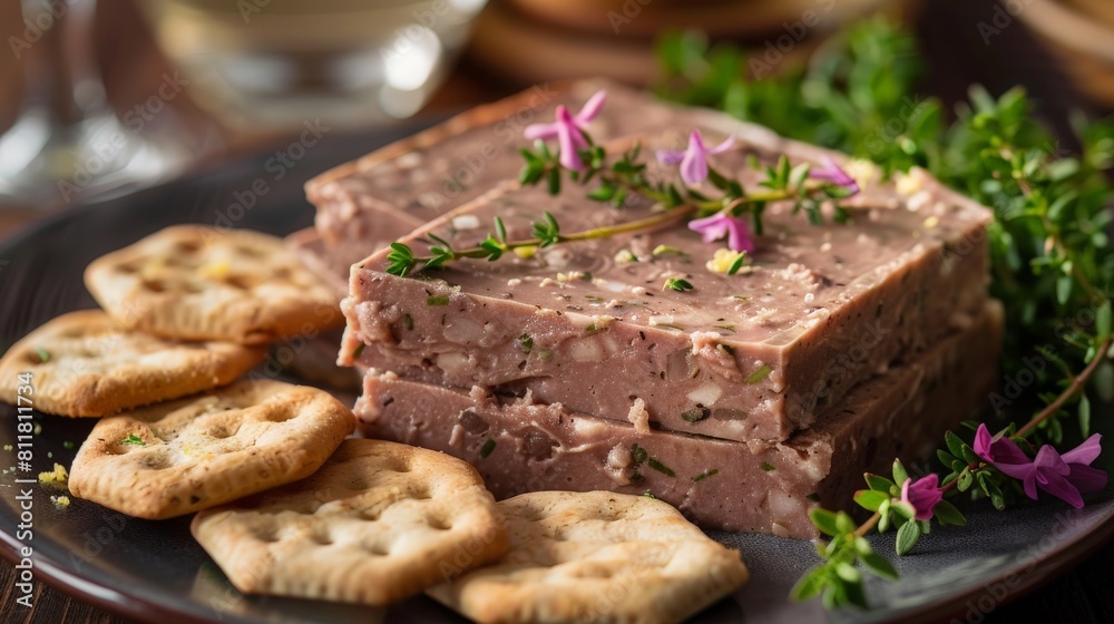 Gourmet display of slices, placed on a serving dish with crackers, emphasizing their rich flavor and luxury Gourmet display of slices, placed on a serving dish with crackers, emphasizing their rich flavor and luxury
