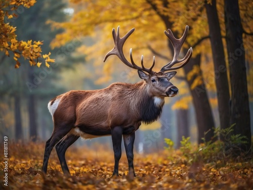 Graceful reindeer in enchanting autumn landscape  leaves accentuating its confidence.