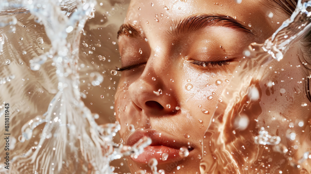 Fototapeta premium Aesthetic young woman face with closed eyes and splashing water, moisturizing concept, beauty advertising. Generative AI