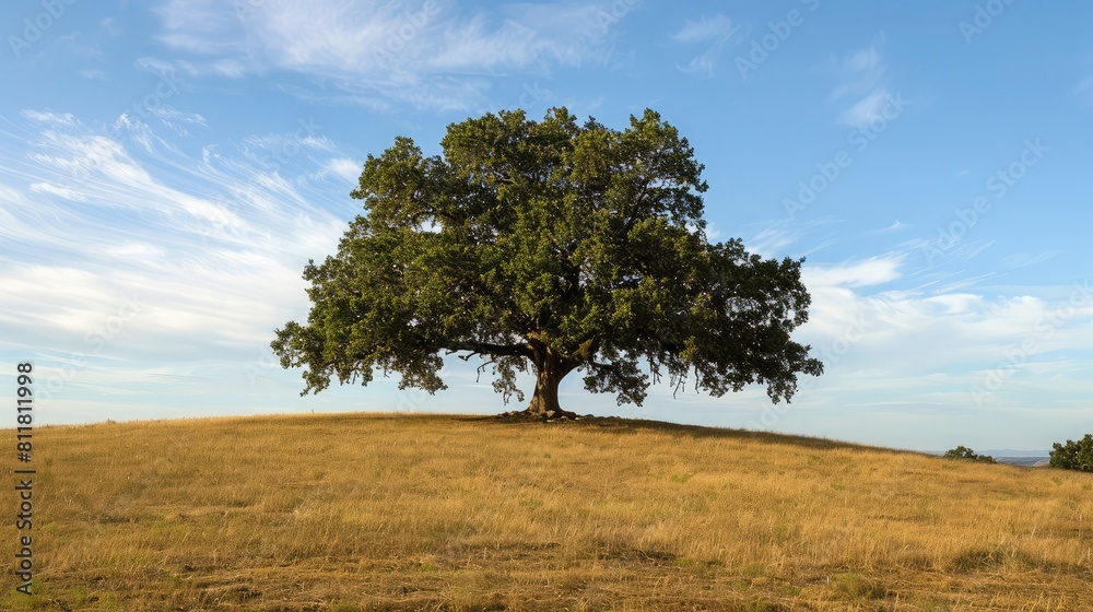 Majestic Oak: Lone oak tree standing tall in a vast field.