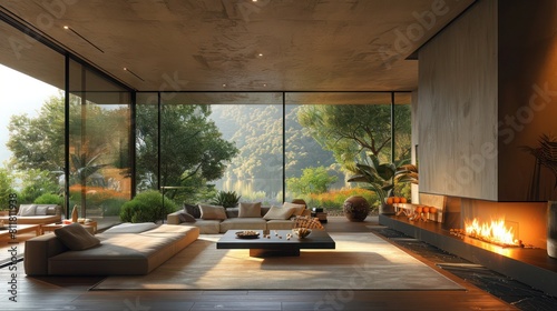 Relaxing Home Scene: Family Enjoying Fireplace & Hillside Vista through Glassy Windows in Contemporary Drawing Room