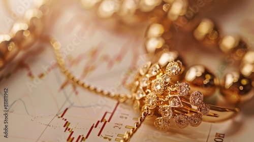 Luxurious Investment: Close-up of elegant gold jewelry against climbing chart.