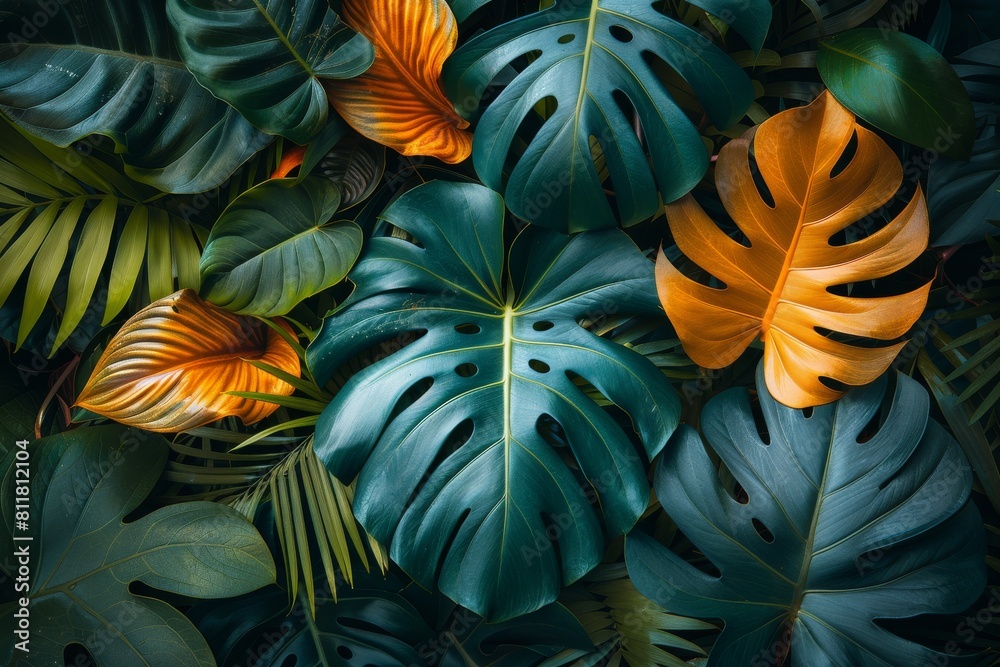 Close-up of dark green tropical monstera leaves with a splash of orange, giving a mysterious yet inviting jungle atmosphere Close-up of dark green tropical monstera leaves with a splash of orange, giving a mysterious yet inviting jungle atmosphere