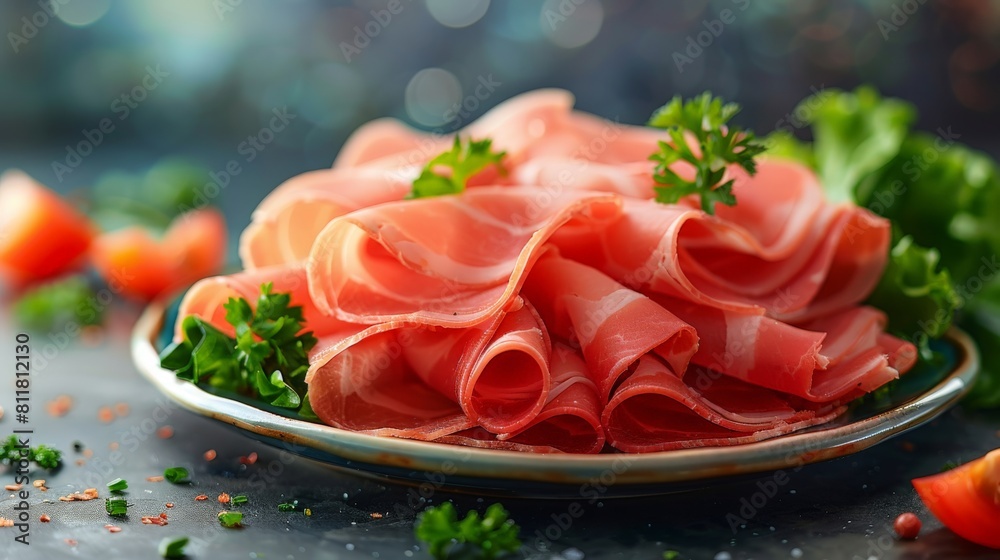 Realistic image of ham slices, neatly stacked on a serving plate with decorative greens, ideal for promoting deli meats and cold cuts in a supermarket Realistic image of ham slices, neatly stacked on a serving plate with decorative greens, ideal for promoting deli meats and cold cuts in a supermarket