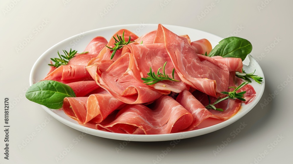 Realistic image of ham slices, neatly stacked on a serving plate with decorative greens, ideal for promoting deli meats and cold cuts in a supermarket Realistic image of ham slices, neatly stacked on a serving plate with decorative greens, ideal for promoting deli meats and cold cuts in a supermarket