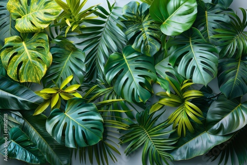 Lush green tropical leaves densely packed together, creating a fresh natural feel on a soft grey background with ample lighting