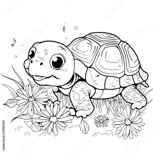 A cute cartoon turtle is crawling through a field of flowers. The turtle has a big smile on its face and is surrounded by daisies.